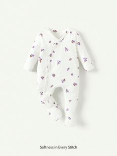 Purple  Collar Long Sleeve Knitted Fabric Plants,All Over Print Baby Sleepsuit Embellished High Stretch  Baby Girls Clothing Fabric Plants, Baby Snacks, Cotton Plant, Purple Collar, Baby Pajamas, Soft Floral, Baby Outfits Newborn, Girls Pajamas