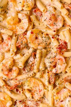 pasta with shrimp and sauce in a pan