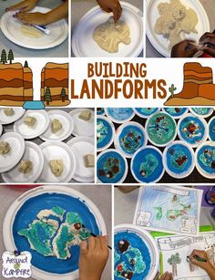 there are many pictures of building landforms with paper plates and hands on the plate