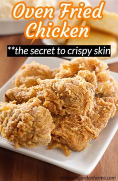 fried chicken is on a white plate next to other food items and the words, kfc chicken recipe