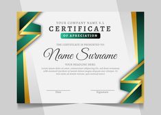 certificate template with green and gold stripes on white paper, in the shape of a rectangle