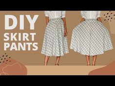 two women wearing skirts with the words diy skirt pants on them, and an image of