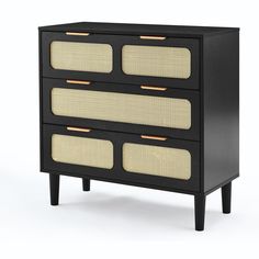 a black and white dresser with two drawers on it's sides, one drawer has three