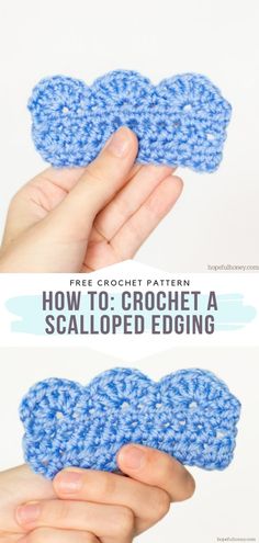 the crochet scalloped edging pattern is shown in blue and white