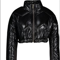 Black Latex Casual Black Puffer Jacket With Zipper, Black Fitted Long Sleeve Puffer Jacket, Fitted Black Long Sleeve Puffer Jacket, Black Long Sleeve Puffer Jacket For Fall, Black Fall Puffer Jacket With Padded Collar, Black Puffer Jacket With Padded Collar For Fall, Black Cropped Jacket With Padded Collar For Fall, Black Cropped Jacket For Fall Night Out, Black Cropped Jacket For Night Out In Fall