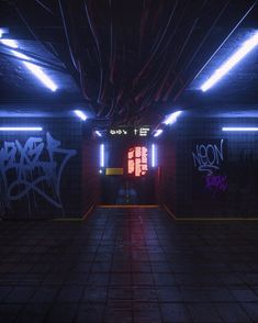 an empty room with graffiti all over the walls and floor, lit by neon lights