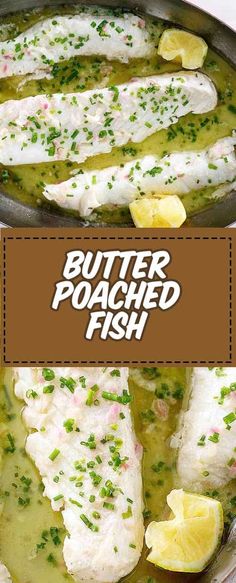 butter poached fish with lemon and parsley in a skillet