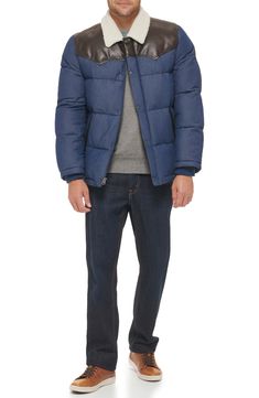 Crafted from cozy corduroy, this rugged quilted jacket gets iconic Western style from a faux-shearling collar and faux-leather trim at the yoke and pockets. 30" length (size Medium) Zip and snap placket Rib-knit inset cuffs Lined 100% cotton; 100% polyester faux shearling and faux leather Machine wash, tumble dry Imported Winter Cotton Quilted Jacket For Cold Weather, Winter Quilted Cotton Jacket For Cold Weather, Winter Cotton Quilted Jacket With Pockets, Casual Cotton Quilted Jacket For Winter, Quilted Cotton Puffer Jacket For Cold Weather, Cotton Quilted Puffer Jacket For Cold Weather, Winter Denim Outerwear For Cold Weather, Fall Cotton Quilted Jacket With Padded Collar, Casual Quilted Jacket With Fleece Lining For Fall