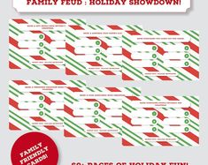 the family fed holiday snowdown coupon is shown in red and green striped paper