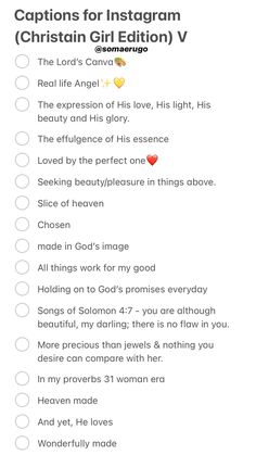 a list with the words captions for instagram christian girl edition v on it