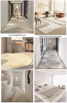 four different rooms with white furniture and rugs