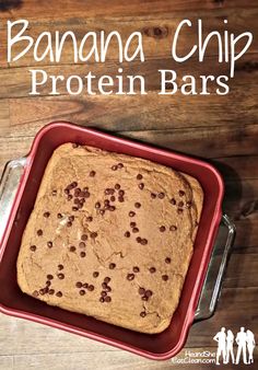 banana chip protein bars in a red pan on a wooden table with text overlay