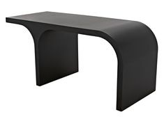 a black modern console table with curved legs and an angled top, viewed from the side