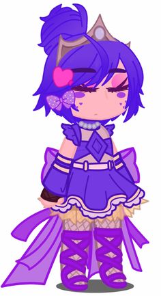 an anime character with purple hair and dress