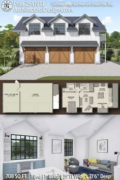 two story house plan with 3 car garage and attached living room, kitchen, dining area