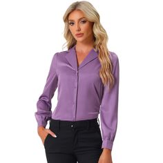 Complete your chic style with this satin button-up shirt. This satin button-up shirt features button cuffs and a notch collar perfectly. Pair it with jeans and work pants for your casual chic look. To create an elegant image with a classic design. Look smart and classic in this shirt finished with solid color fabric. With shiny and smooth fabric, this satin shirt makes you look elegant and romantic. Satin Button-up Top With Buttons, Satin Button-up Blouse, Spring Satin Shirt With Button Closure, Fall Satin Shirt With Button Cuffs, Collared Satin Blouse With Button Closure, Office Satin Blouse With Button Cuffs, Trendy Satin Button-up Top, Satin Button-up Shirt With Button Cuffs, Trendy Formal V-neck Shirt