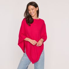 Available in so many colors, the asymmetrical shaped poncho is perfect to dress up your skinny denim (because no skinny jeans are not dead, ugh!). Cut to be worn by all! Poncho Crew Neck Flat knit Side seam panel detail 33 1/4" length 100% Cashmere 70095100A Versatile Fall Poncho, Spring Layering Cape, Magenta Rose, Cashmere, Dress Up, Crew Neck, Knitting, Clothes, Color