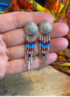 STERLING SILVER AZURITE HEISHI FEATHER STAMPED CONCHO DANGLE FRINGE EARRINGS  | eBay Boho Colors, Fringe Earrings, Colorful Boho, 925 Silver, Dangle Earrings, Gift Card, Stamp, Turquoise, Things To Sell