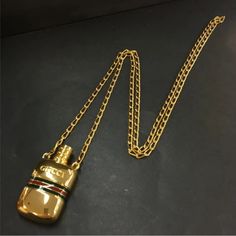 Gucci Sherry Line Perfume Bottle Gold Tone Pendant Necklace, Authentic A Gorgeous Vintage Statement Piece Gucci Necklace. Gucci Necklace, Italian Luxury Brands, Guccio Gucci, Gucci Jewelry, Perfume Bottle, Womens Jewelry Necklace, Statement Pieces, Perfume Bottles, Gold Tones