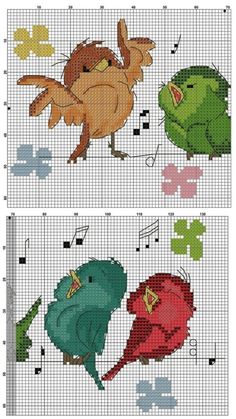 cross stitch pattern with birds and music notes