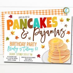 a birthday party card with pancakes and autumn leaves