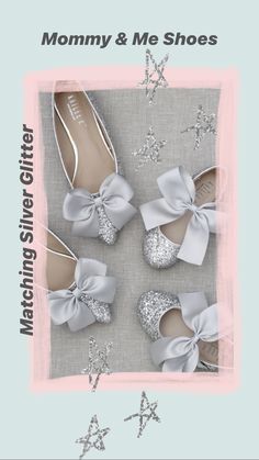 Mommy  me silver glitter flats with bow #shopkaileep #motherdaughter #mommyandme #glittershoes #womenshoes #kidsshoes Mini Shoes, Glitter Flats, Sparkly Shoes, Pointy Toe Flats, Glitter Shoes, Dramatic Look, Elegant Chic, Silver Shoes, Satin Bow