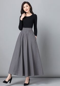 "Get dressed and out of the door in classic good looks with this pleated Long maxi skirt, crafted with soft cotton linen fabric, featuring pleated waist detail and two big pockets. DETAIL * 50% linen,50% cotton * Pleated around waist * Two pockets * Around waist elastic * Plus size skirt * Full skirt, swing skirt * Perfect for spring and summer, autumn * More color SIZE GUIDE Size vary between Brand and Country Please get your body measurement with our Size Guide And Find your size in our Size C Flowy A-line Maxi Skirt With Pockets, Plus Size Summer Outfits Skirts, Gray Flared Maxi Skirt With Lined Skirt, Gray Flared Maxi Skirt With Lining, Gray Relaxed Maxi Skirt With Lined Skirt, Gray Relaxed Maxi Skirt With Lining, Gray Relaxed Fit Lined Maxi Skirt, Gray Relaxed Fit Maxi Skirt With Lining, Elegant Flared Maxi Skirt With Pockets