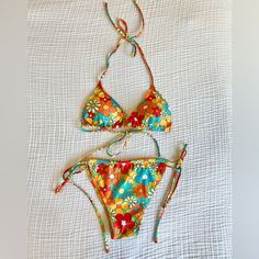 Soly Hux Floral Print Bikini Set Halter Tie Side Triangle Swimsuit | Size Medium **Brand New! Never Worn. From Smoke-Free And Pet-Free Home** Closure Type: Tie Top Style: Triangle Neck Style: Halter Neck Bottom Style: Tie Side, Cheeky Medium: Bust: 36.2", Waist Size: 28.3", Top Length: 7.9", Bottoms Length: 8.7", Large: Bust: 37.8", Waist Size: 29.9", Top Length: 8.3", Bottoms Length: 9.1" Retro Triangle Top Swimwear For Beach Party, Retro Triangle Top Swimwear For Beach, Orange Halter Neck Swimwear For Festival, Orange Fitted Swimwear For Festival, Fitted Orange Swimwear For Festivals, Festival Fitted Orange Swimwear, Retro Fitted Swimwear For Vacation, Retro Multicolor Swimwear For Sunbathing, Retro Orange Swimwear For Vacation