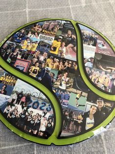 a collage of photos is displayed on a green and black platter with the letter s in it