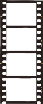 a black film strip with gold trimmings on the edges and two white squares