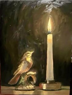 a painting of a bird sitting next to a lit candle