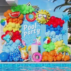 a pool party with balloons and decorations by the swimming pool is ready for guests to enjoy