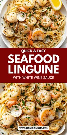 seafood linguine with white wine sauce is served in a bowl and on a plate