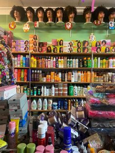 the shelves are filled with different types of hair products