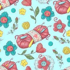 seamless pattern with yarn and flowers