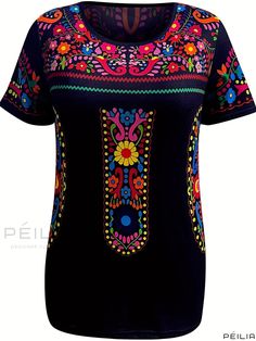 Peilia - Elegant Floral Print Ethnic T-shirt for Women, Boho Crew Neck Short Sleeve Summer Top, Stylish Womens Clothing Multicolor Short Sleeve T-shirt For Festivals, Bohemian Multicolor Print Short Sleeve T-shirt, Bohemian Blue Printed T-shirt, Bohemian Printed T-shirt For Festivals, Traditional Black Crew Neck Top, Multicolor Printed T-shirt For Festivals, Bohemian Graphic Print Patterned T-shirt, Multicolor Printed Tops For Festival, Bohemian Multicolor Graphic Print T-shirt