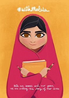 an illustration of a woman in a red veil holding a book and writing on a yellow background