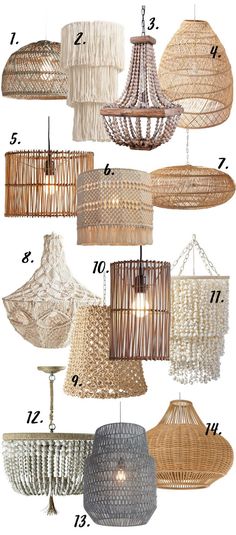 different types of chandeliers hanging from the ceiling, with numbers on each side