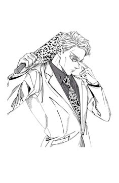 a black and white drawing of a man in a suit with a leopard print on his jacket