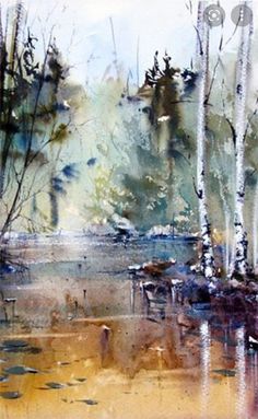 watercolor painting of trees and benches in the woods