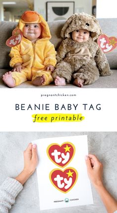 two baby dolls sitting next to each other on top of a couch with the title, beanie baby tag free printable