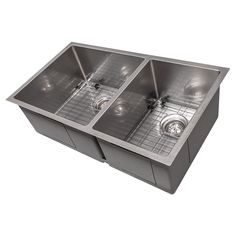 double bowl stainless steel kitchen sink with drainers and grids on the sides,