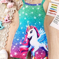 This Unicorn Romper With A Star Pattern Is The Perfect Summer Outfit For Girls. It Features A Cute Unicorn Graphic On The Front And A Stylish Cami Design. Made For Outdoor Adventures, This Versatile Suit Is A Must-Have For Any Holiday. It Also Makes A Great Gift For Unicorn Lovers. Size 3-4y-4y 5y Bust Size: 23.2inclothes Length: 21.9in Material: Polyester Composition: 100% Polyester Details: Applique Pattern: Cartoon Applicable People: Children Sheer: No Fabric: Medium Stretch Type: Slingback S Multicolor Cartoon Print Onesie For Playwear, Playful Multicolor Character Print Onesie, Playful Multicolor Cartoon Print Onesie, Floral Pants Outfit, Unicorn Graphic, Unicorn Outfit, American Flag Sweater, Cami Romper, Perfect Summer Outfit