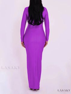 Luxurious Hollow Out Maxi Gown Purple Fitted Long Sleeve Gown, Fitted Long Sleeve Purple Gown, Long Fitted Dress In A Specific Color, Long Fitted Solid Color Dresses, Solid Color Long Fitted Dress, Long Spring Evening Bodycon Dress, Long Bodycon Dress For Spring Evening, Long Bodycon Evening Dress For Spring, Solid Long Maxi Dress For Party