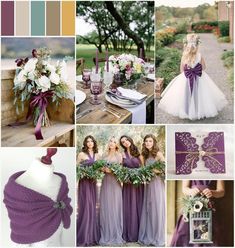 purple and green wedding color scheme with bridesmaid dresses, flowers, and bouquets