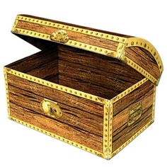 an open wooden chest with gold rivets on the top and sides, isolated against a white background