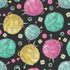 colorful balls of yarn with knitting needles and buttons on black background seamless wallpaper