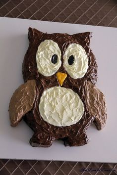 an owl shaped chocolate cake with white frosting