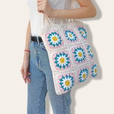 White Granny Square Crochet Bag For Everyday Use, Hand Knitted White Rectangular Shoulder Bag, White Hand Knitted Rectangular Shoulder Bag, White Hand-knitted Rectangular Shoulder Bag, White Hand Knitted Crochet Tote Bag, Pink Crochet Rectangular Beach Bag, White Hand-knitted Crochet Tote Bag, Multicolor Crochet Cotton Bag, White Hand Knitted Tote Bag