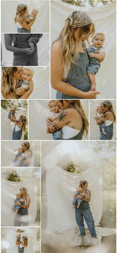 a woman holding a baby in her arms and posing for the camera with many different pictures